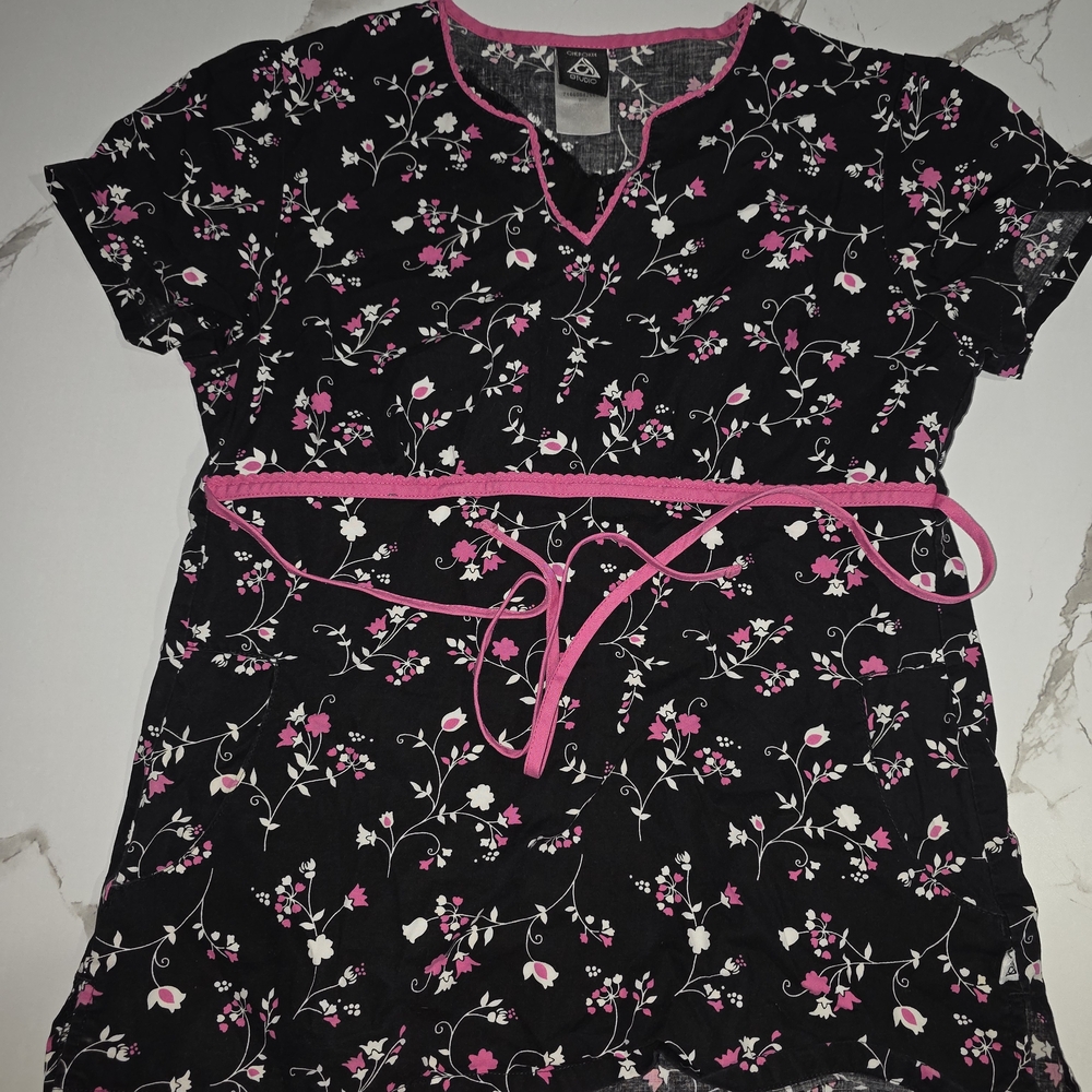 Cherokee Black and Pink Floral Women's Scrub Top